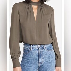 Theory Silk Neck Band Blouse Teak Taupe Keyhole M